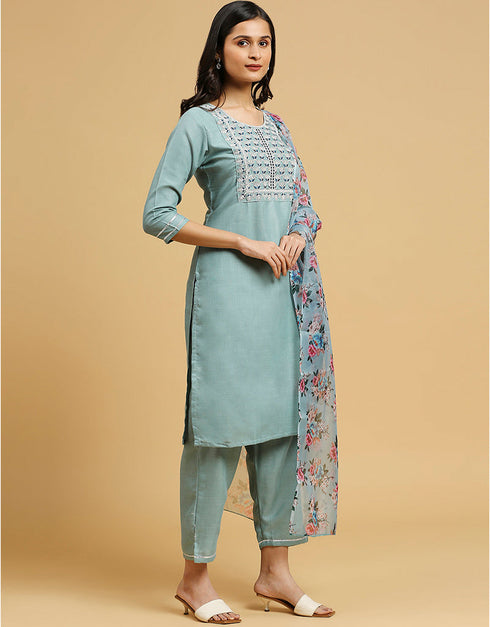 stylish aqua blue cotton designer party wear readymade salwar suit with orange cotton 13584-acy3555 Side View