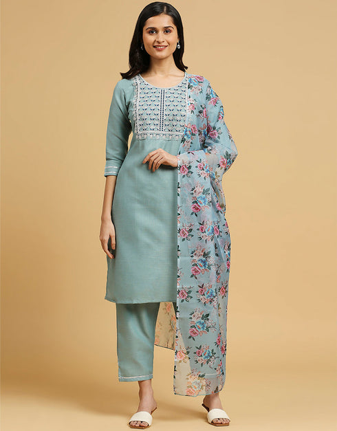 stylish aqua blue cotton designer party wear readymade salwar suit with orange cotton 13584-acy3555 Front View