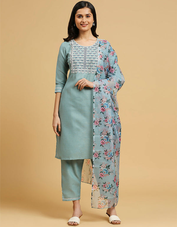 stylish aqua blue cotton designer party wear readymade salwar suit with orange cotton 13584-acy3555 Front View