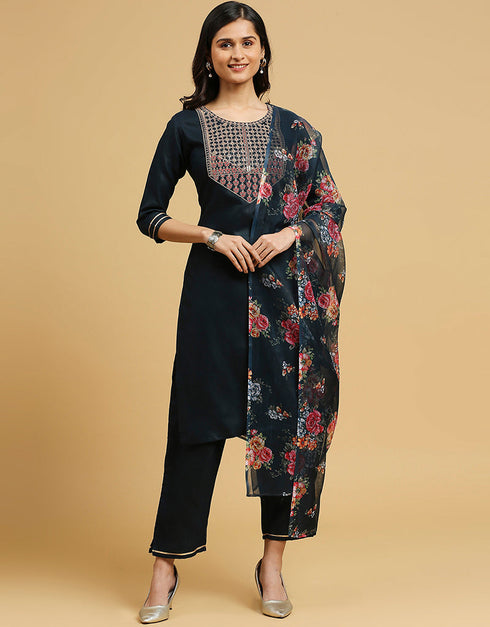 trendy blue cotton designer party wear readymade salwar suit with blue cotton 13584-acy3557 Front View