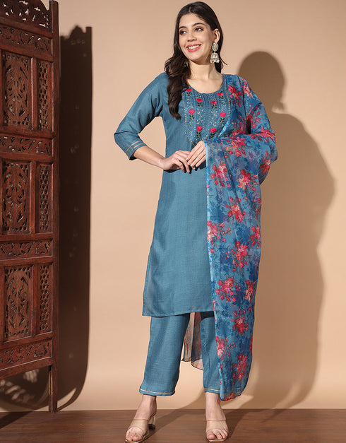 elegant blue cotton designer party wear readymade salwar suit with blue cotton 13584-acy3558 Side View
