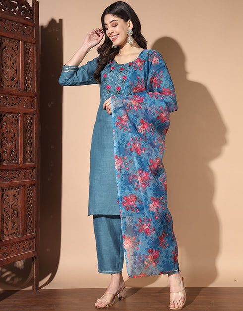 elegant blue cotton designer party wear readymade salwar suit with blue cotton 13584-acy3558 Front View