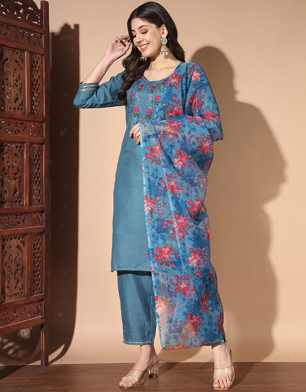 elegant blue cotton designer party wear readymade salwar suit with blue cotton 13584-acy3558 Front View