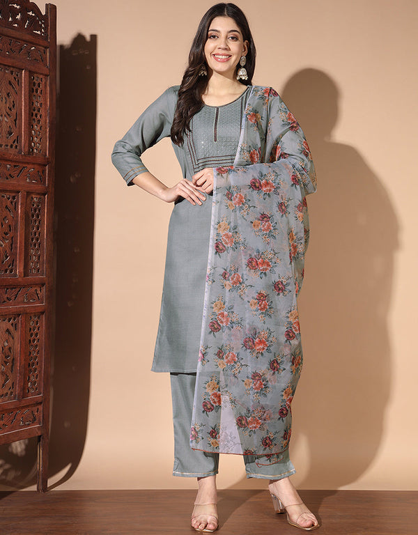 fashionable grey cotton designer party wear readymade salwar suit with grey cotton 13584-acy3559 Front View