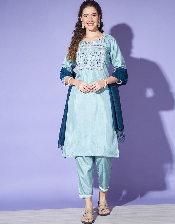 stylish aqua south silk designer party wear readymade salwar suit with aqua south silk 13585-acy3563 Front View