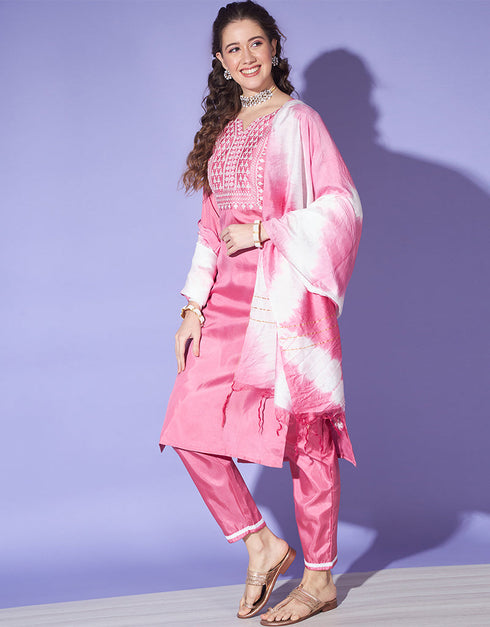 chic pink south silk designer party wear readymade salwar suit with pink south silk 13585-acy3564 Front View