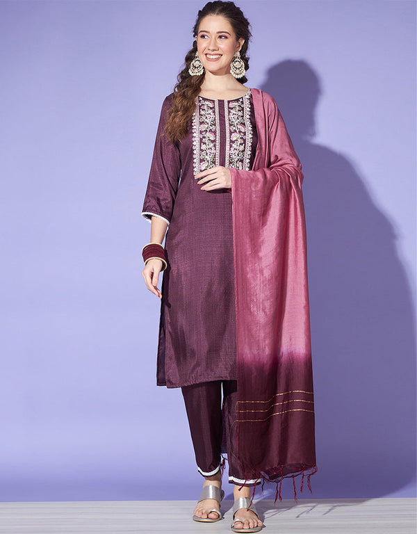 fashionable wine south silk designer party wear readymade salwar suit with wine south silk 13585-acy3567 Front View