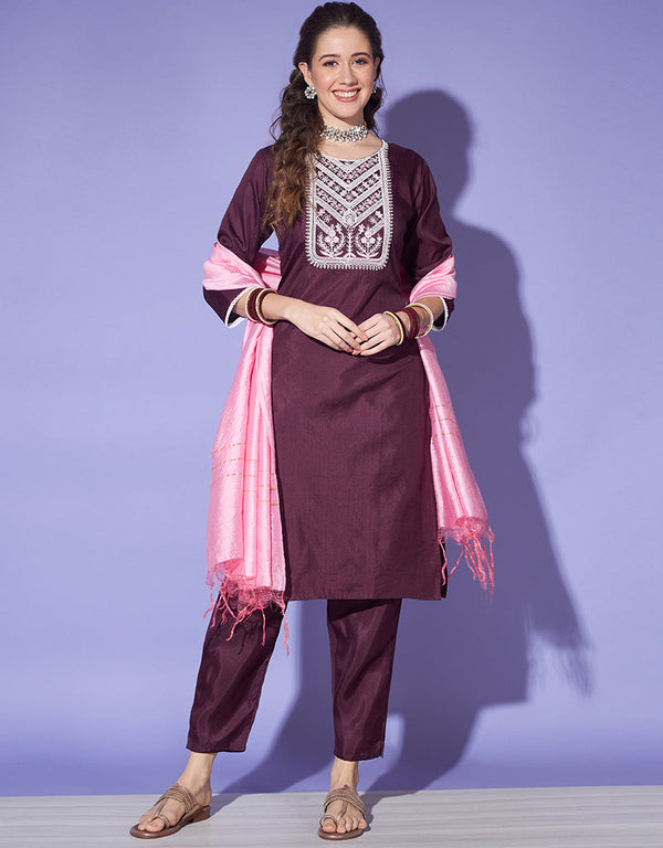 sleek wine south silk designer party wear readymade salwar suit with wine south silk 13585-acy3568 Front View
