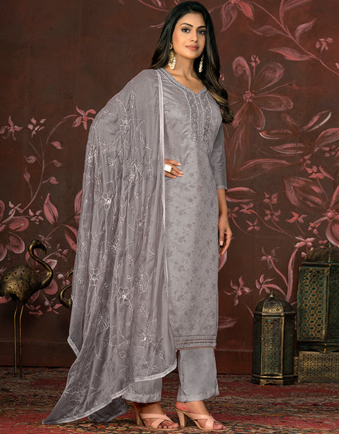 chic grey modal butti designer party wear readymade salwar suit with grey santoon 13588-acy3582 Back View