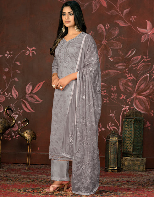 chic grey modal butti designer party wear readymade salwar suit with grey santoon 13588-acy3582 Front View