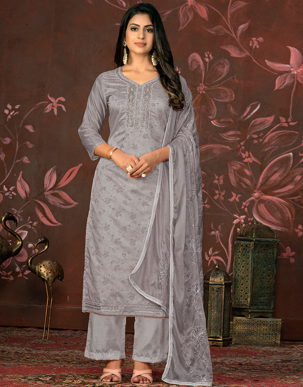 chic grey modal butti designer party wear readymade salwar suit with grey santoon 13588-acy3582 Front View
