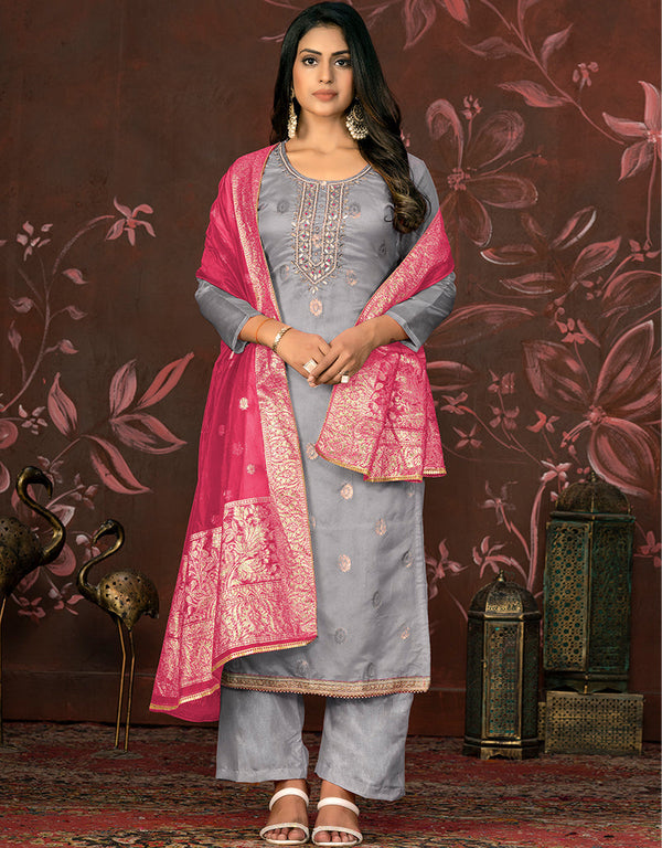 fashionable grey organza designer party wear readymade salwar suit with grey santoon 13588-acy3585 Front View