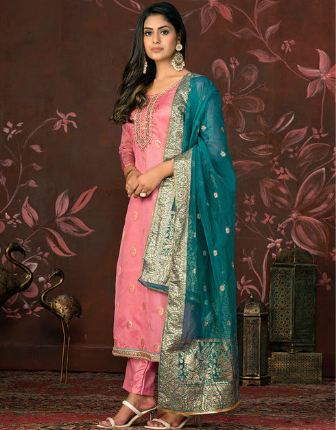 sleek pink organza designer party wear readymade salwar suit with pink santoon 13588-acy3586 Back View