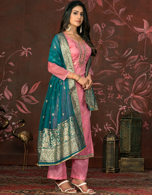 sleek pink organza designer party wear readymade salwar suit with pink santoon 13588-acy3586 Front View