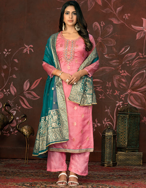 sleek pink organza designer party wear readymade salwar suit with pink santoon 13588-acy3586 Front View