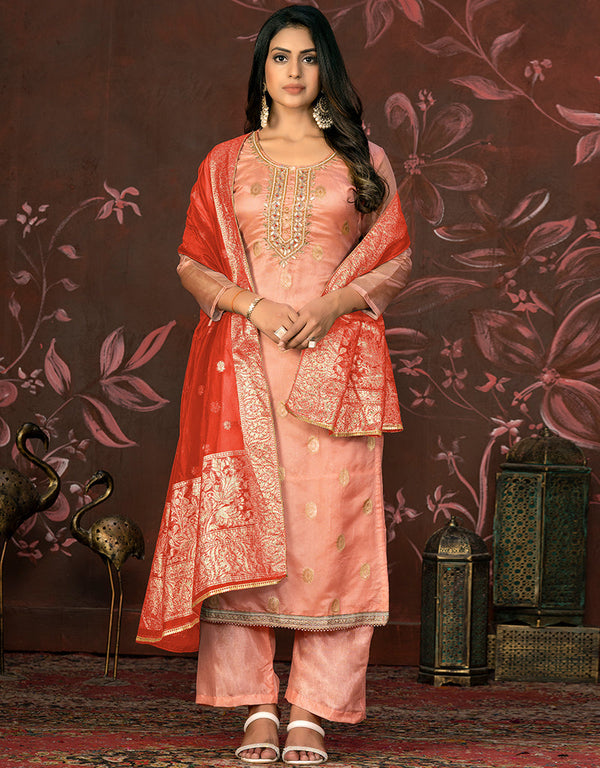 modern peach organza designer party wear readymade salwar suit with peach santoon 13588-acy3587 Front View
