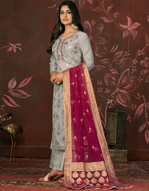 contemporary grey modal butti designer party wear readymade salwar suit with grey santoon 13588-acy3590 Back View