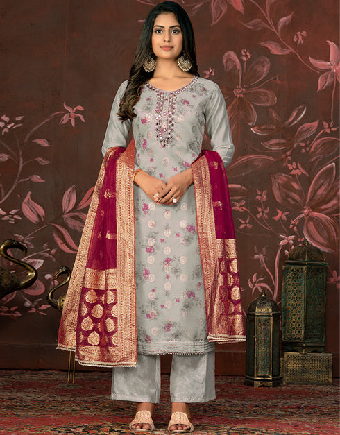 contemporary grey modal butti designer party wear readymade salwar suit with grey santoon 13588-acy3590 Front View
