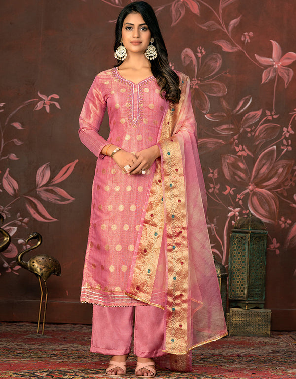 glamorous pink modal butti designer party wear readymade salwar suit with pink santoon 13589-acy3600 Front View