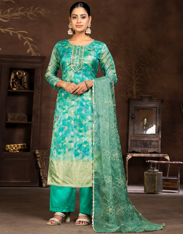 contemporary blue organza designer party wear readymade salwar suit with blue santoon 13589-acy3601 Front View