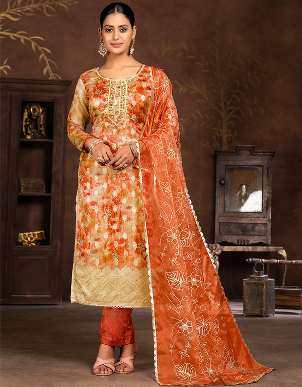 stylish orange organza designer party wear readymade salwar suit with orange santoon 13589-acy3603 Front View