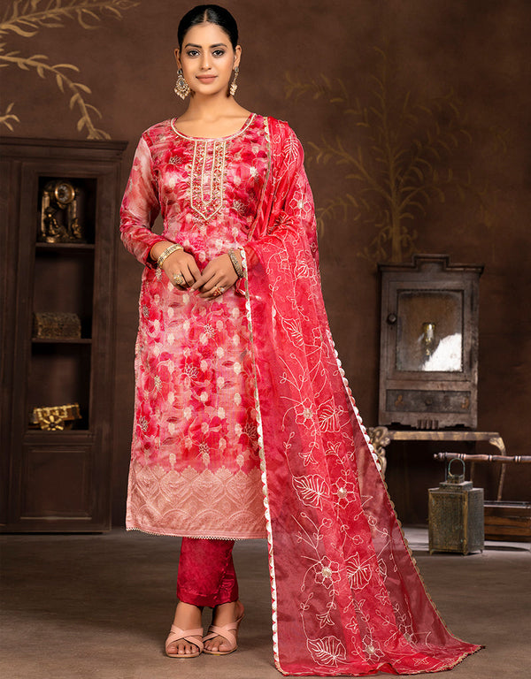 chic maroon organza designer party wear readymade salwar suit with maroon santoon 13589-acy3604 Front View