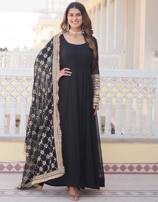 faux georgette designer party wear & readymade salwar suit suit with designer multy,sequance embroidery work and black dupatta 13590-acy3605 Front View