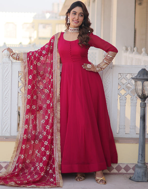 faux georgette designer party wear readymade salwar suit suit with designer multy,sequance embroidery work and pink dupatta 13590-acy3606 Front View