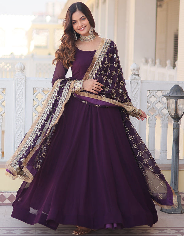 faux georgette designer party wear readymade salwar suit suit with designer multy,sequance embroidery work and wine dupatta 13590-acy3607 Front View