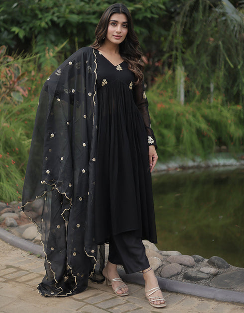 stylish black faux georgette trendy designer alia cut readymade suit collection with black micro cotton 13591-acy3608 Close-up View