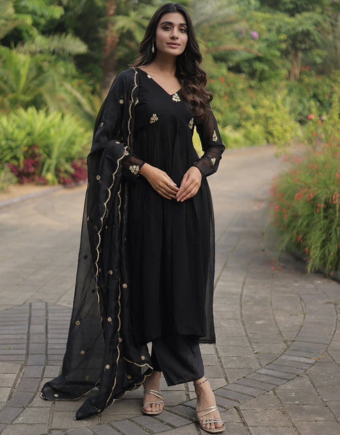 stylish black faux georgette trendy designer alia cut readymade suit collection with black micro cotton 13591-acy3608 Front View