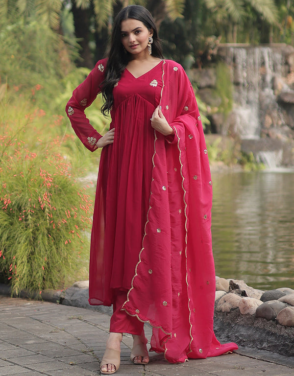 chic pink faux georgette trendy designer alia cut readymade suit collection with pink micro cotton 13591-acy3609 Front View