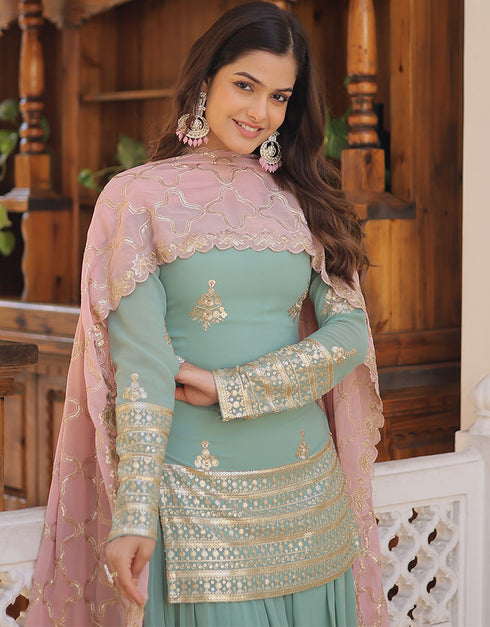 fashionable pista faux georgette trendy designer readymade suit collection with pista faux georgette 13591-acy3612 Back View