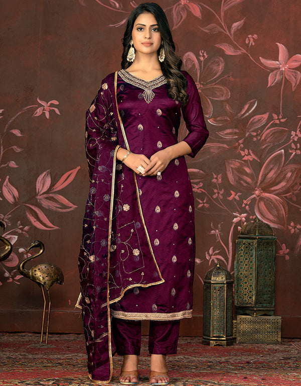 stylish maroon organza designer party wear heavy salwar suit collection with maroon santoon 13597-acy3646 Front View