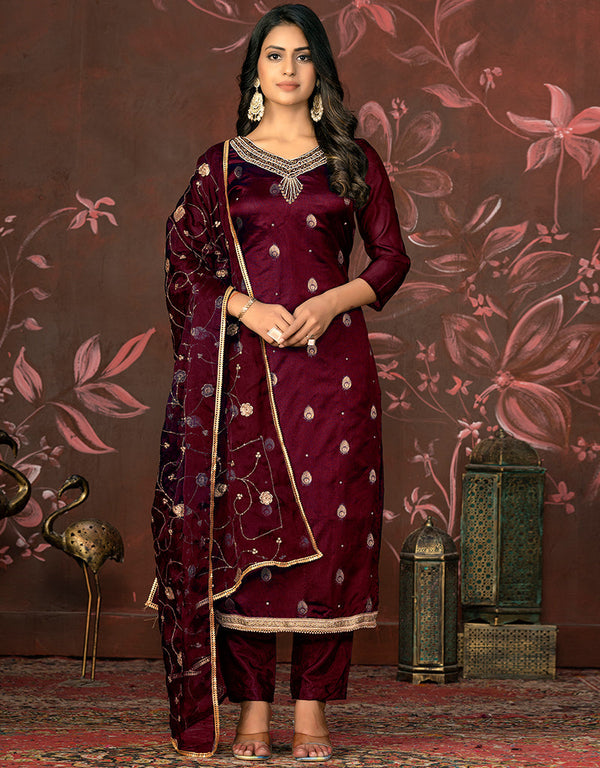 chic wine organza designer party wear heavy salwar suit collection with wine santoon 13597-acy3647 Front View