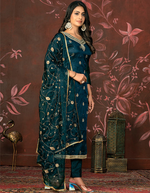elegant blue organza designer party wear heavy salwar suit collection with blue santoon 13597-acy3649 Back View