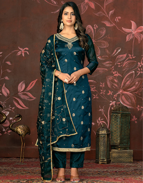 elegant blue organza designer party wear heavy salwar suit collection with blue santoon 13597-acy3649 Front View