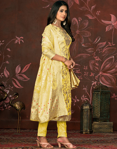 fashionable yellow banarasi designer party wear heavy salwar suit collection with yellow santoon 13597-acy3650 Back View