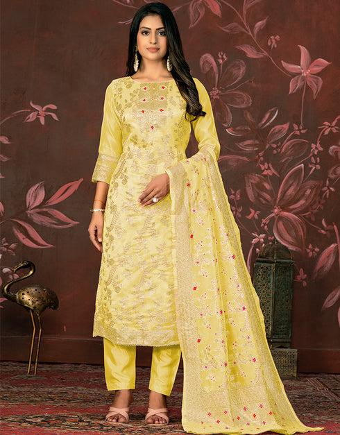 fashionable yellow banarasi designer party wear heavy salwar suit collection with yellow santoon 13597-acy3650 Front View