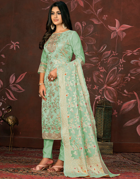 sophisticated green banarasi designer party wear heavy salwar suit collection with green santoon 13597-acy3653 Back View