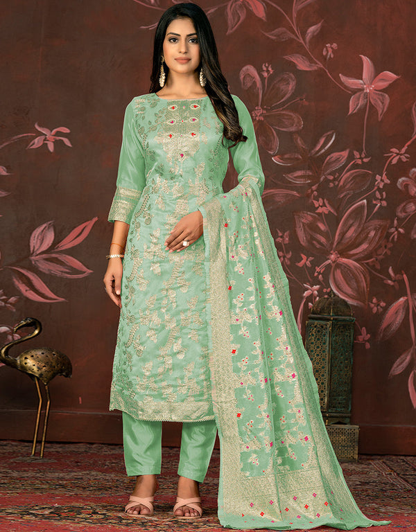 sophisticated green banarasi designer party wear heavy salwar suit collection with green santoon 13597-acy3653 Front View