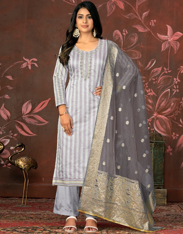 glamorous grey cotton designer party wear heavy salwar suit collection with grey santoon 13598-acy3654 Front View