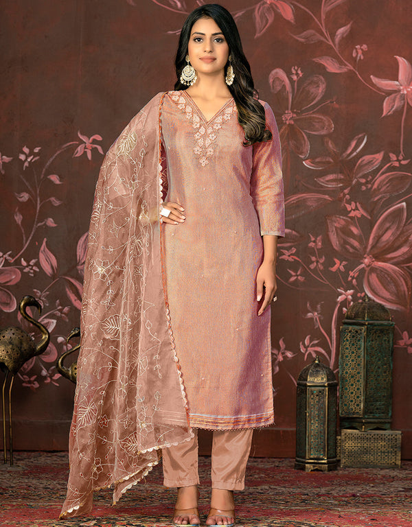 sophisticated peach simmer cotton designer party wear heavy salwar suit collection with peach santoon 13598-acy3664 Front View