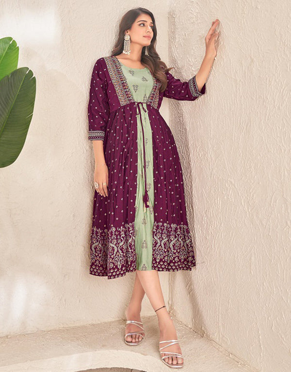 stylish designer foil printed cotton trendy designer party wear readymade long kurti collection with wine 13599-acy3666 Front View