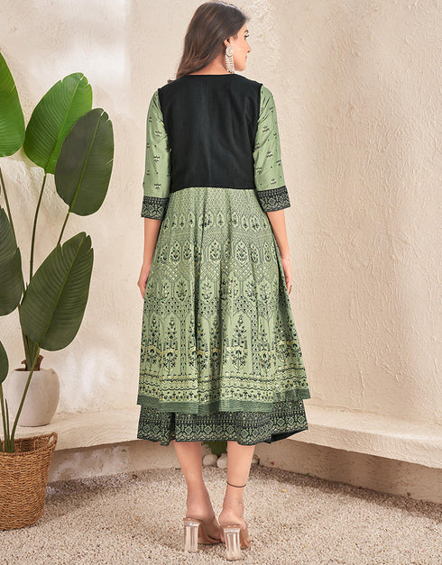 chic designer foil printed cotton trendy designer party wear readymade long kurti collection with green 13599-acy3667 Close-up View