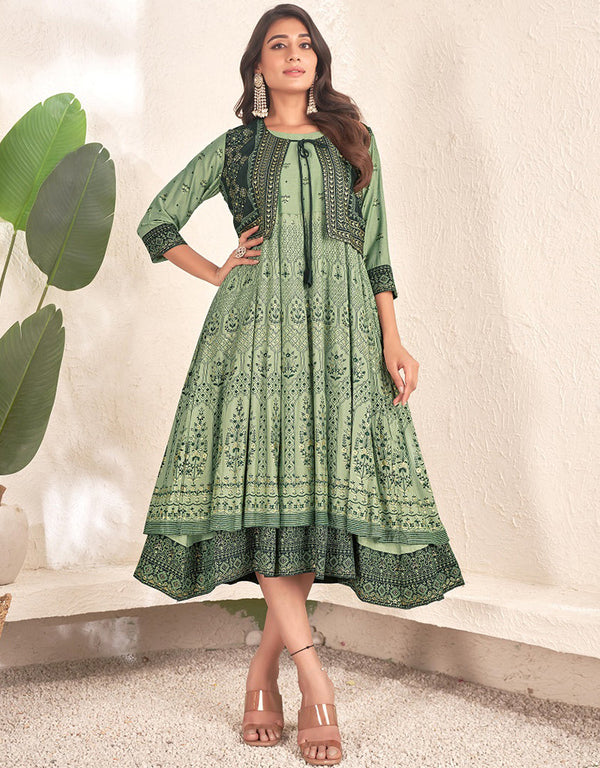 chic designer foil printed cotton trendy designer party wear readymade long kurti collection with green 13599-acy3667 Front View