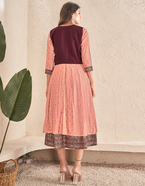 trendy designer foil printed cotton trendy designer party wear readymade long kurti collection with peach 13599-acy3668 Close-up View