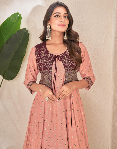 trendy designer foil printed cotton trendy designer party wear readymade long kurti collection with peach 13599-acy3668 Back View