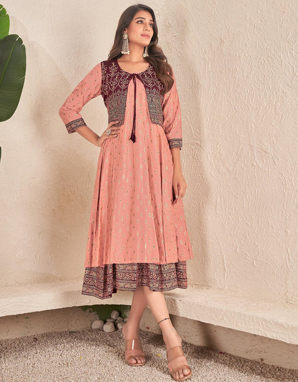 trendy designer foil printed cotton trendy designer party wear readymade long kurti collection with peach 13599-acy3668 Front View