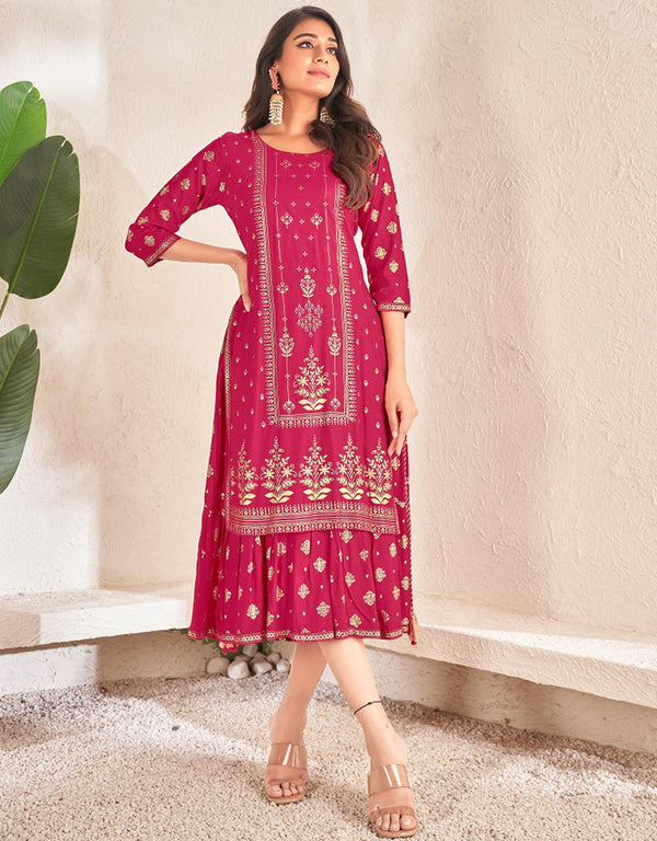 elegant designer foil printed cotton trendy designer party wear readymade long kurti collection with pink 13599-acy3669 Front View